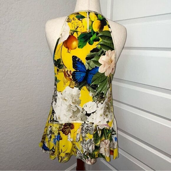 Roberto Cavalli Yellow Printed Silk Lace Detail Halter Floral Mix Print Top - Picture 3 of 15